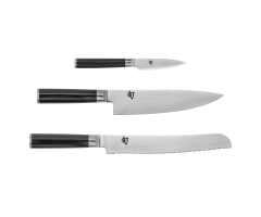 The silo images of the Classic Paring Knife, Classic Chef's Knife, and Classic Bread Knife - the three knives that make up this set.