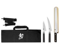 The profile image of the three knives and knife roll included in the DMS0450 Shun Classic 4-Piece BBQ Set/