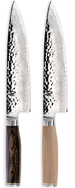 Profile image of two Premier 8" Chef's Knives - one blonde-handled, the other walnut-handled.