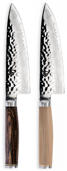 Profile image of two Premier 6" Chef's Knives - one blonde-handled, the other walnut-handled.