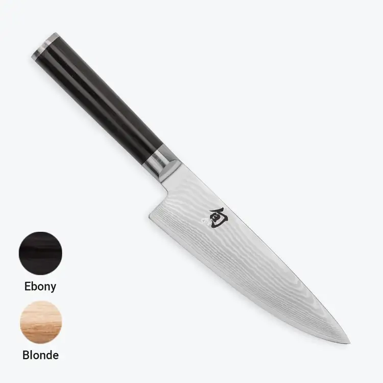 Profile image of a Classic 6" Chef's Knife with an ebony handle, and blonde and ebony handle swatches in the bottom left corner.